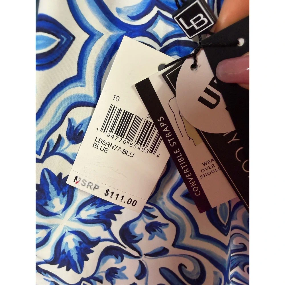 La Blanca Tankini Top Womens Blue White Tile Print Tummy Control 10 $111